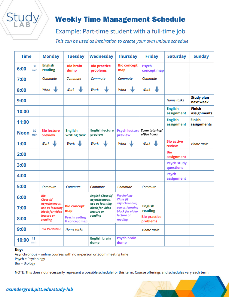 Table in the format of a weekly schedule with boxes filled in with black and colored text.