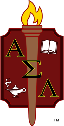 ASL logo, displaying a torch in the middle, an oil lamp in bottom left corner, and an open book in top right corner.