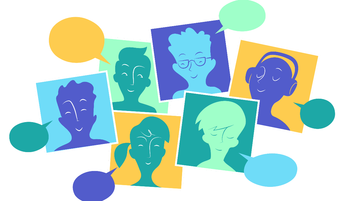 An illustration of speech bubbles with faces